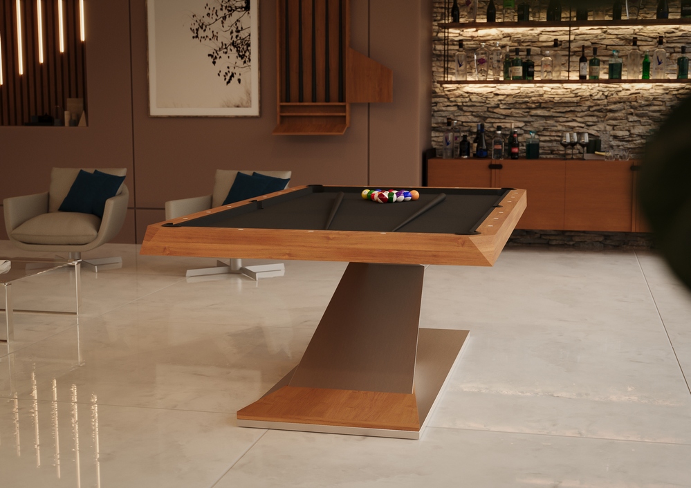 Mesa de sinuca Opal Bretda em espaco gourmet com iluminacao premium